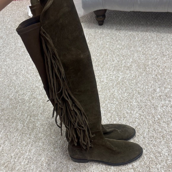 Stuart Weitzman Shoes - Stuart Weitzman Olive Suede Over-the-Knee Fringe Boots